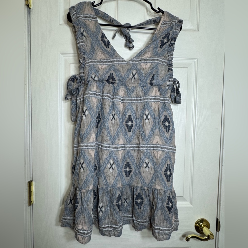 Cleo + Wolf Blue Boho Aztec Dress S Tie Back Ruffle Sleeves Cotton Lined